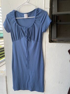 Livi by Olivia Rae : Dusty Blue Ribbed Tie-Front Mini Dress